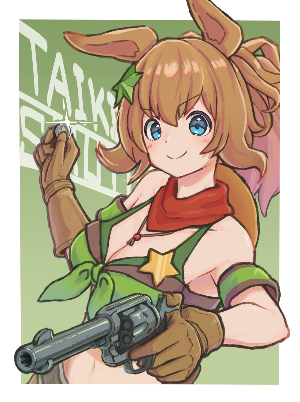1girl animal_ears armband bandeau bare_shoulders blue_eyes breasts brown_gloves brown_hair character_name cleavage closed_mouth cocoa_inryo coin collarbone colt_single_action_army commentary_request cowboy_hat cowboy_shot gloves green_armband green_background green_bandeau gun hair_between_eyes hair_ornament hand_up hat hat_on_back highres holding holding_coin holding_gun holding_weapon horse_ears horse_girl long_hair looking_at_viewer medium_breasts midriff navel ponytail red_scarf revolver scarf sheriff_badge sidelocks skirt smile solo standing star_(symbol) star_hair_ornament taiki_shuttle_(umamusume) umamusume weapon