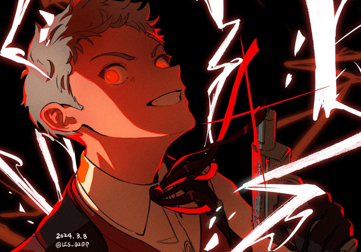 1boy black_gloves black_ribbon collared_shirt commentary_request dated evil_grin evil_smile evoker gloves glowing glowing_eyes grey_hair grin gun holding holding_gun holding_weapon lcs_0209 looking_at_viewer male_focus neck_ribbon parted_lips persona persona_3 persona_3_reload red_eyes red_sweater_vest ribbon sanada_akihiko shirt short_hair smile solo sweater_vest twitter_username upper_body very_short_hair weapon white_shirt