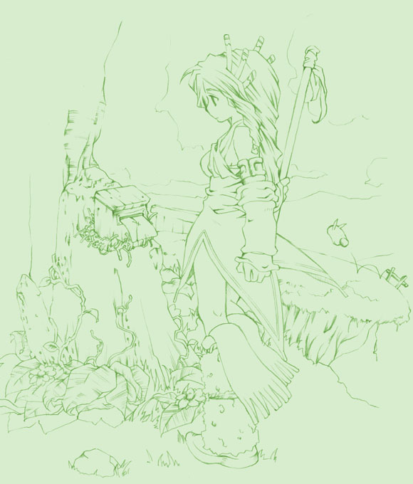 1girl armlet bad_id boots breasts cliff cloud cloudy_sky curly_hair day detached_sleeves dress expressionless fence flower from_side full_body fur-trimmed_boots fur_trim grass green_theme hair_ornament halterneck hand_up holding holding_staff imu_(lom) knee_boots leaf legend_of_mana lineart long_hair looking_down monochrome on_grass outdoors rendezvous rock seiken_densetsu sky solo staff standing