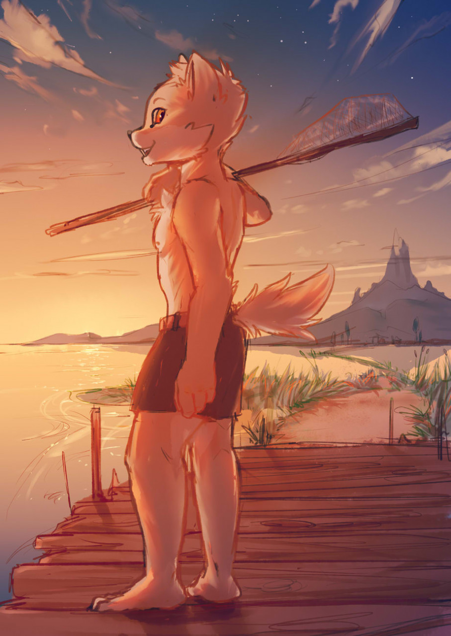 barefoot canid canine canis claws clothed clothing cloud cloudscape feet hi_res looking_at_viewer male mammal paws plantigrade shirtless shirtless_male sky solo stampmats student sunset toes topless twilight wolf