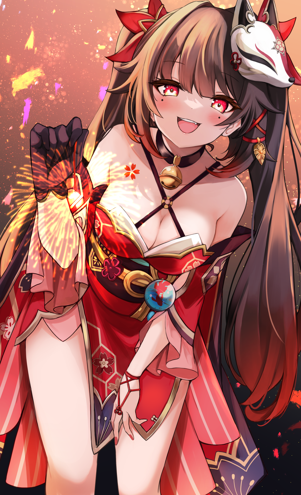 1girl bare_shoulders bell black_hair blush breasts choker criss-cross_halter dress feet fireworks fox_mask gold_trim halterneck highres honkai:_star_rail honkai_(series) jingle_bell large_breasts leaning_forward long_hair looking_at_viewer mask mask_on_head neck_bell open_mouth orange_eyes red_dress shibakame sidelocks smile solo sparkle_(honkai:_star_rail) sparkler tassel twintails