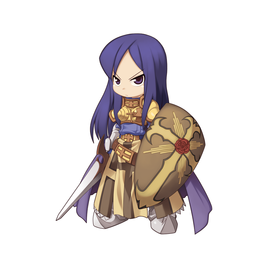 1girl 2000s_(style) armor armored_boots blue_shirt boobplate boots brown_skirt cape chibi closed_mouth cross crusader_(ragnarok_online) frown full_body gauntlets holding holding_shield holding_sword holding_weapon long_hair long_sleeves looking_at_viewer official_art pants pauldrons purple_cape purple_eyes purple_hair ragnarok_online shield shirt shoulder_armor simple_background skirt solo standing sword tachi-e transparent_background v-shaped_eyebrows weapon yuichirou