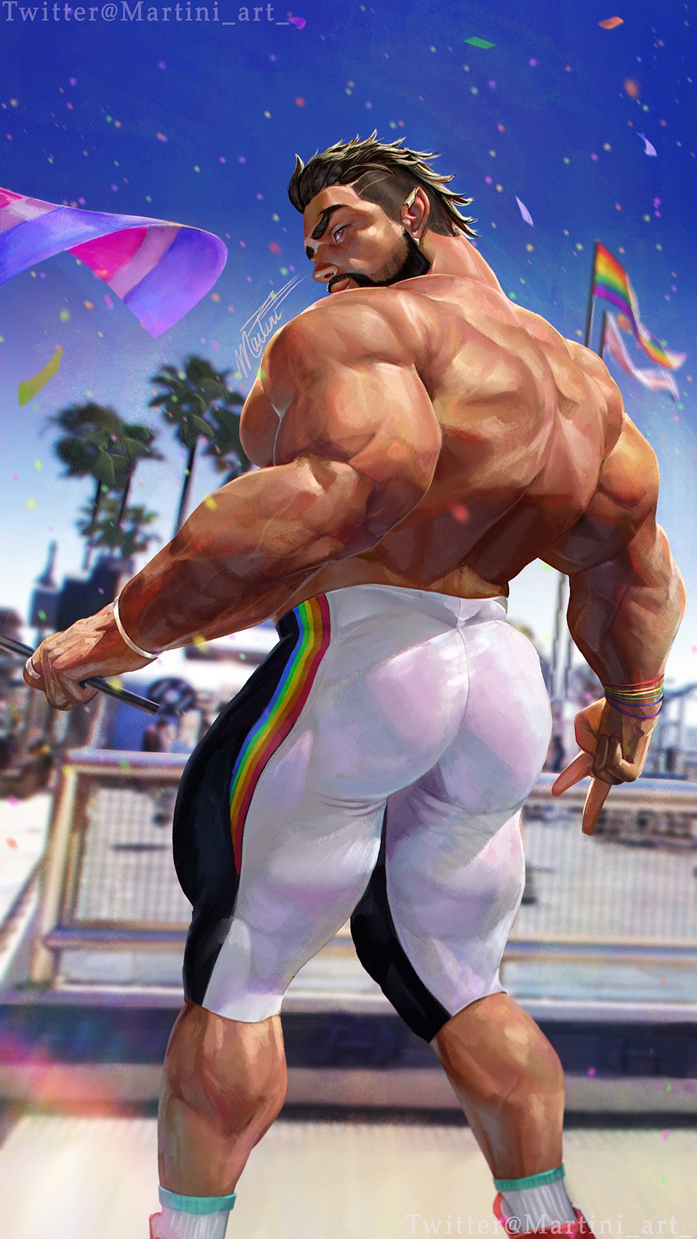 artist_name ass beard blue_sky blurry blurry_background confetti facial_hair flag highres huge_ass lgbt_pride looking_at_viewer looking_back martini_art muscular muscular_male original outdoors palm_tree pointy_ears rainbow red_eyes shorts signature sky thick_arms thick_eyebrows thick_thighs thighs tight tree