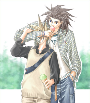 2boys alternate_costume anger_vein annoyed arm_up bad_id bag black_hair black_shirt blonde_hair blue_eyes bracelet brown_pants brown_sweater_vest cloud_strife collared_shirt commentary_request contemporary covering_another's_eyes day denim eating final_fantasy final_fantasy_vii foliage food food_in_mouth frown hand_in_pocket hand_on_another's_arm hand_up happy holding holding_food holding_ice_cream ice_cream ice_cream_cone jeans jewelry layered_shirt long_hair long_sleeves looking_to_the_side lowres male_focus multiple_boys necklace open_clothes open_shirt outdoors outline pants plaid plaid_shirt rendezvous shirt shoulder_bag smile spiked_hair standing sweater_vest thick_eyebrows upper_body vest white_outline white_shirt white_vest zack_fair