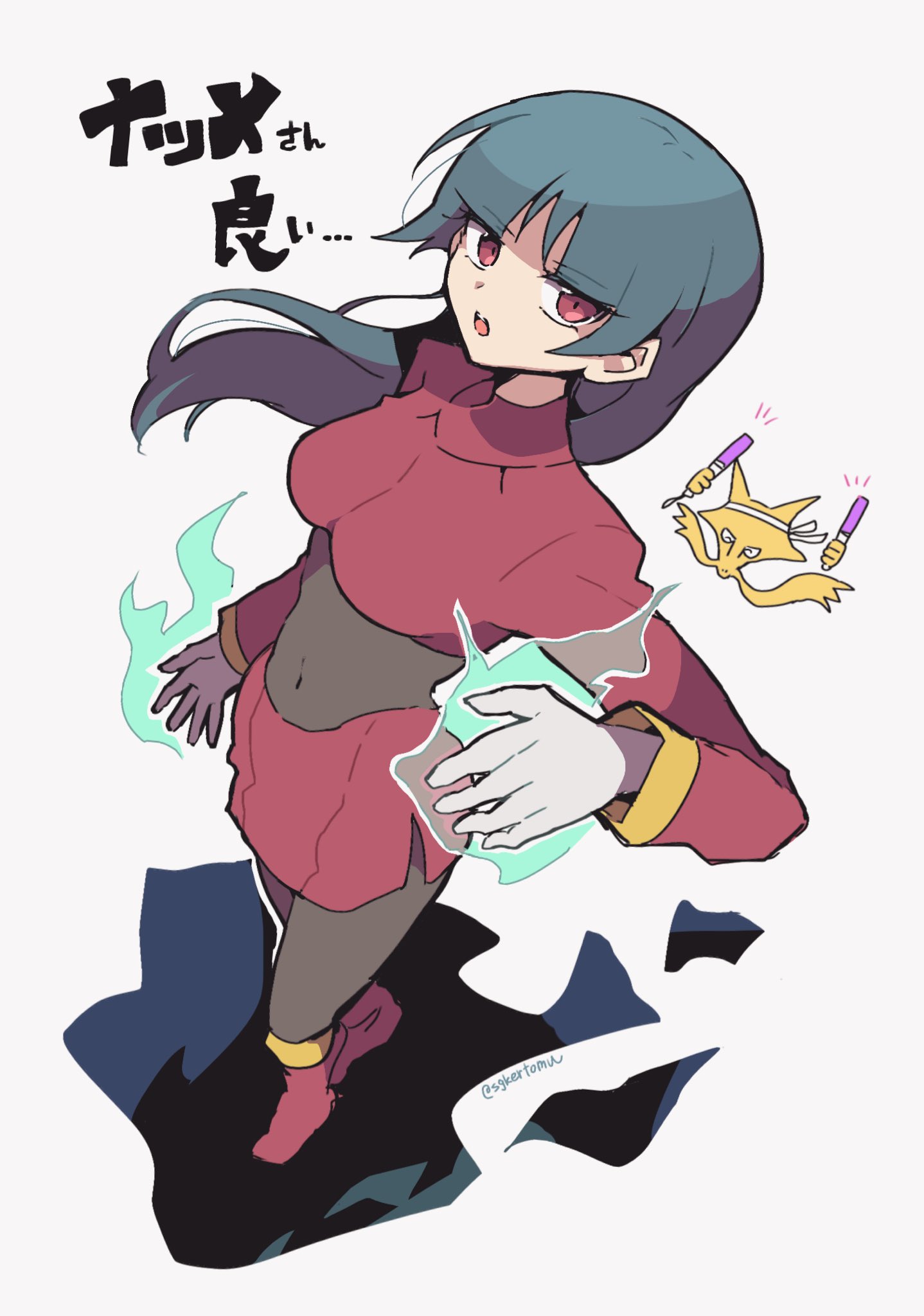 1girl alakazam black_bodysuit blue_hair blunt_bangs bodysuit bodysuit_under_clothes breasts colored_skin crop_top cropped_jacket dark_blue_hair gloves highres hime_cut jacket large_breasts long_hair long_sleeves medium_breasts nojima_minami pantyhose pencil_skirt pokemon pokemon_(creature) pokemon_frlg red_eyes red_jacket red_skirt sabrina_(pokemon) side_slit skirt solo telekinesis turtleneck turtleneck_jacket white_gloves yellow_skin