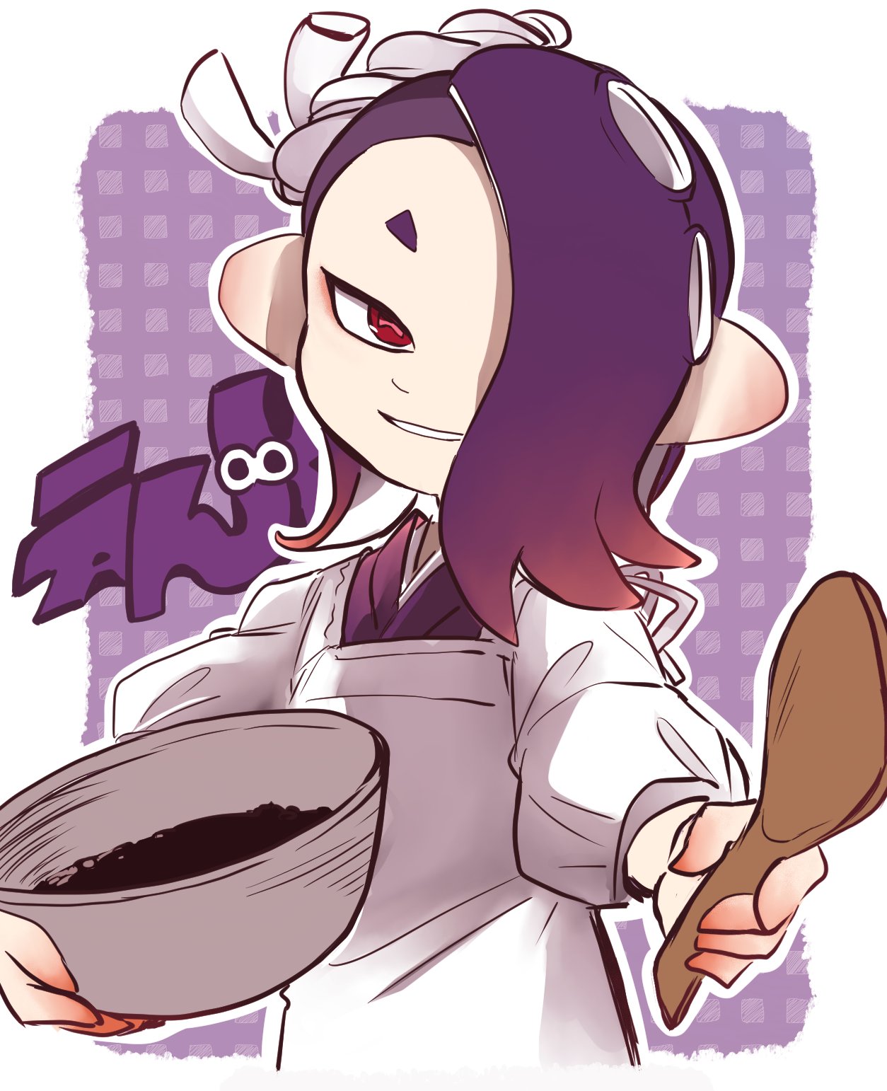 1girl apron border bowl cephalopod_eyes commentary_request eyelashes grid_background hachimaki headband highres holding holding_bowl holding_ladle inkling_(language) kappougi karu_(karu_544) ladle medium_hair nejiri_hachimaki octoling outside_border purple_background purple_hair red_pupils shiver_(splatoon) smile solo splatoon_(series) splatoon_3 teeth tentacle_hair thick_eyebrows white_border