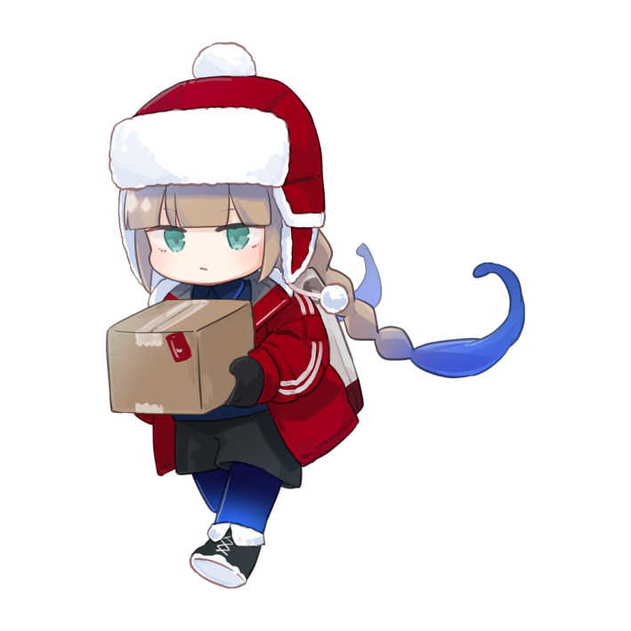 1boy backpack bag blue_hair blunt_bangs boots box braid brown_hair cardboard_box chibi expressionless fate/grand_order fate_(series) full_body fur-trimmed_boots fur_hat fur_trim gradient_hair green_eyes hat holding holding_box jacket kotake_8 long_hair long_sleeves male_focus mittens multicolored_hair nemo_(fate) nemo_(santa)_(fate) pantyhose shorts solo twin_braids ushanka very_long_hair walking