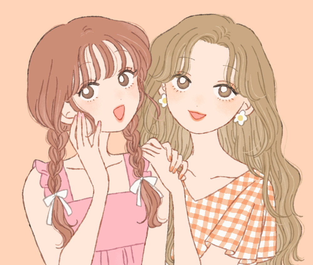 2girls :d braid bright_pupils brown_eyes brown_hair checkered_clothes checkered_shirt collarbone dress earrings eyelashes fingernails flower flower_earrings frills gingham hair_ribbon hand_on_another's_shoulder hand_up jewelry lipstick long_hair looking_at_viewer low_twin_braids makeup multiple_girls nail_polish open_mouth orange_background orange_nails orange_shirt original parted_bangs pink_dress pink_nails plaid plaid_dress plaid_shirt red_lips ribbon rikuwo shirt short_sleeves side-by-side simple_background sleeveless sleeveless_dress smile twin_braids upper_body white_flower white_pupils white_ribbon