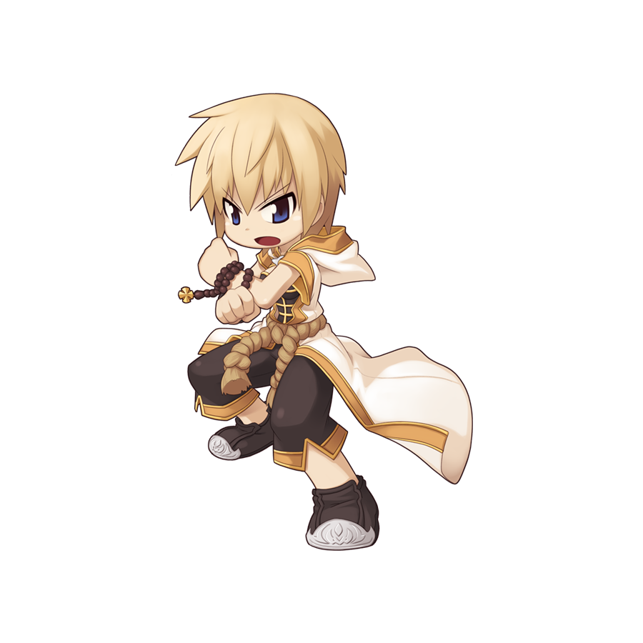 1girl beads black_footwear black_shorts blonde_hair blue_eyes chibi clenched_hands coat fighting_stance full_body gold_trim holding holding_jewelry holding_necklace hood hood_down hooded_coat jewelry looking_at_viewer medium_bangs monk_(ragnarok_online) necklace official_art open_clothes open_coat open_mouth prayer_beads ragnarok_online rope_belt shoes short_hair short_sleeves shorts simple_background solo standing tachi-e transparent_background v-shaped_eyebrows white_coat yuichirou