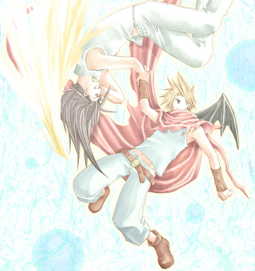 2boys abstract_background alternate_costume angel angel_wings arm_up arms_up bad_id bat_wings belt_buckle black_hair blonde_hair blue_background blue_eyes blue_pants blue_shirt boots bracer brown_footwear buckle cape closed_eyes cloud_strife commentary_request feathered_wings final_fantasy final_fantasy_vii flying full_body grin hair_over_one_eye hand_on_own_face happy holding_another's_wrist holding_hands in-franchise_crossover kingdom_hearts kingdom_hearts_i leather_belt long_hair looking_at_another male_focus midriff_peek multiple_boys navel pants red_cape rendezvous rotational_symmetry shirt single_wing sleeveless sleeveless_shirt sleeveless_turtleneck smile spiked_hair torn_cape torn_clothes turtleneck turtleneck_shirt upside-down white_pants white_shirt white_wings wings yellow_wings zack_fair