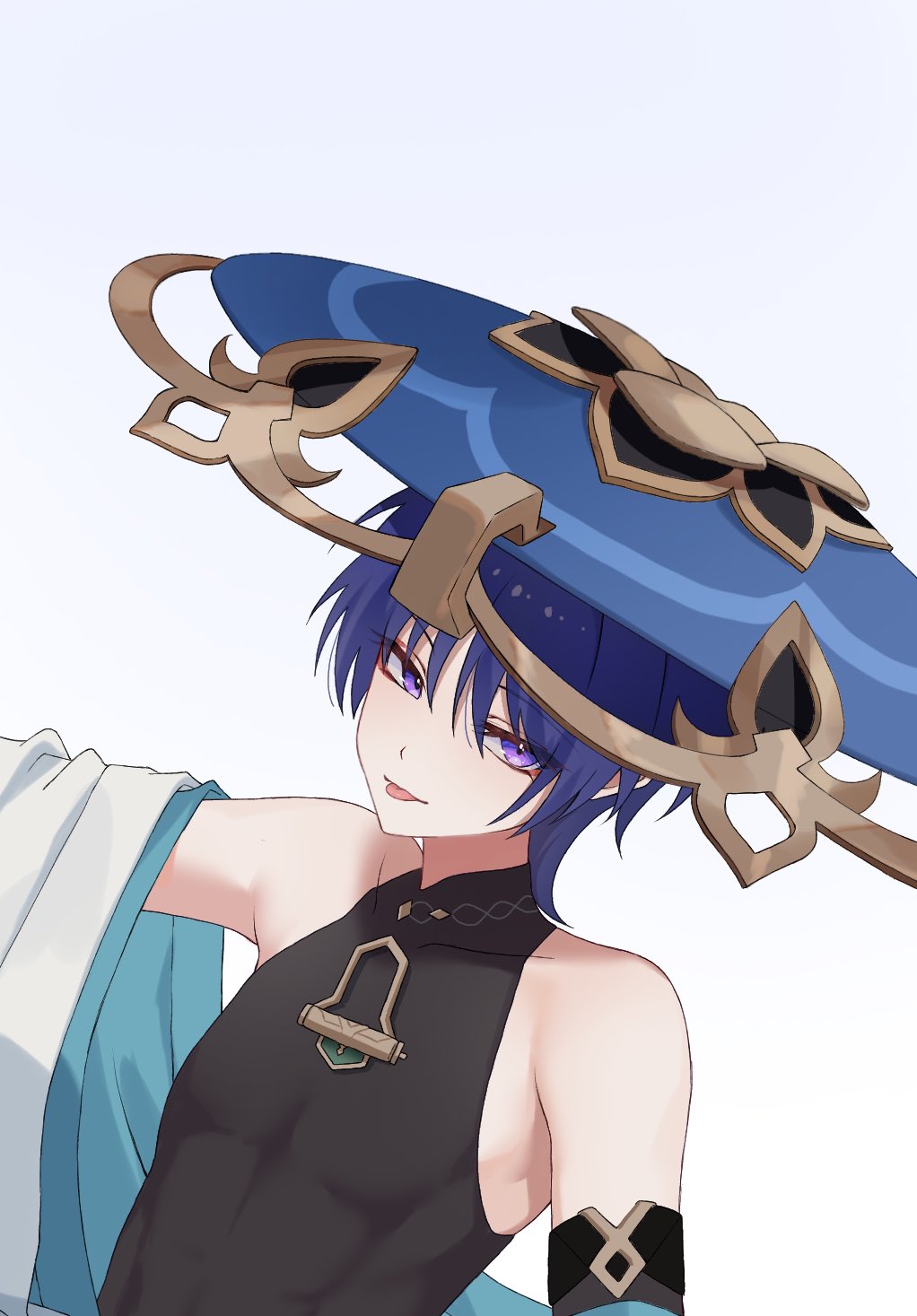 1boy bare_shoulders bishounen blue_background blue_hair blue_hat chobonu collarbone genshin_impact gold_trim gradient_background highres japanese_clothes looking_at_viewer male_focus off_shoulder purple_eyes scaramouche_(genshin_impact) short_hair sidelocks solo toned toned_male upper_body wanderer_(genshin_impact) white_background