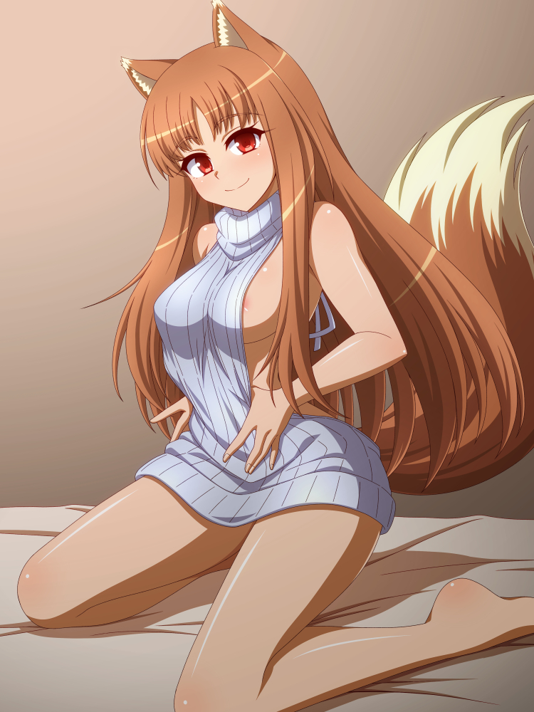 1girl \||/ animal_ear_fluff animal_ears areola_slip bare_arms bare_shoulders blush breasts closed_mouth colored_eyelashes commentary_request commission floating_hair grey_sweater holo indoors knees_out_of_frame light_brown_background long_hair looking_at_viewer medium_breasts meme_attire on_bed paid_reward_available parted_bangs pixiv_commission red_eyes ribbed_sweater shiny_skin sideboob simple_background sitting sleeveless sleeveless_sweater smile solo spice_and_wolf split_mouth straight_hair sweater tail tail_raised thighs turtleneck turtleneck_sweater very_long_hair virgin_killer_sweater wariza wolf_ears wolf_girl wolf_tail zetsumu