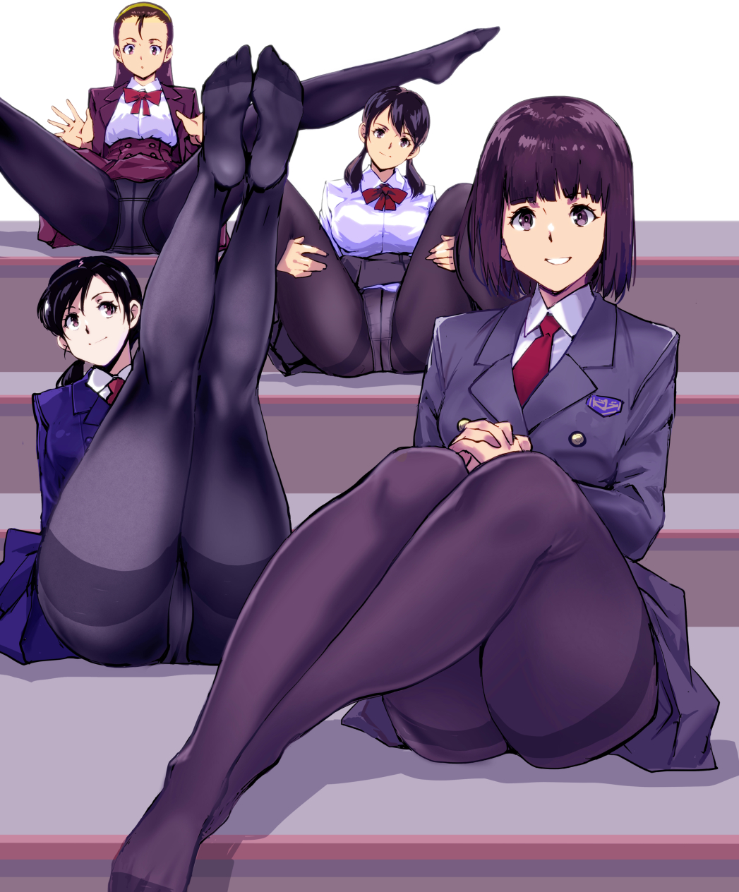 4girls ass black_hair black_pantyhose blazer blue_jacket blue_skirt bow bowtie breasts brown_eyes brown_hair buttons closed_mouth collared_shirt commentary_request crotch_seam dress_shirt fine_fabric_emphasis hair_down headband_girl_(kamisimo_90) highres hugging_own_legs jacket kamisimo_90 knees_up legs legs_up long_sleeves looking_at_viewer medium_breasts medium_hair military_uniform multiple_girls no_shoes original panties panties_under_pantyhose pantyhose pantyshot pleated_skirt presenting red_bow red_jacket red_skirt shirt shoes short_twintails sitting skirt smile soles spread_legs stairs thighs twintails twintails_girl_(kamisimo_90) twintails_nurse_(kamisimo_90) underwear uniform white_shirt