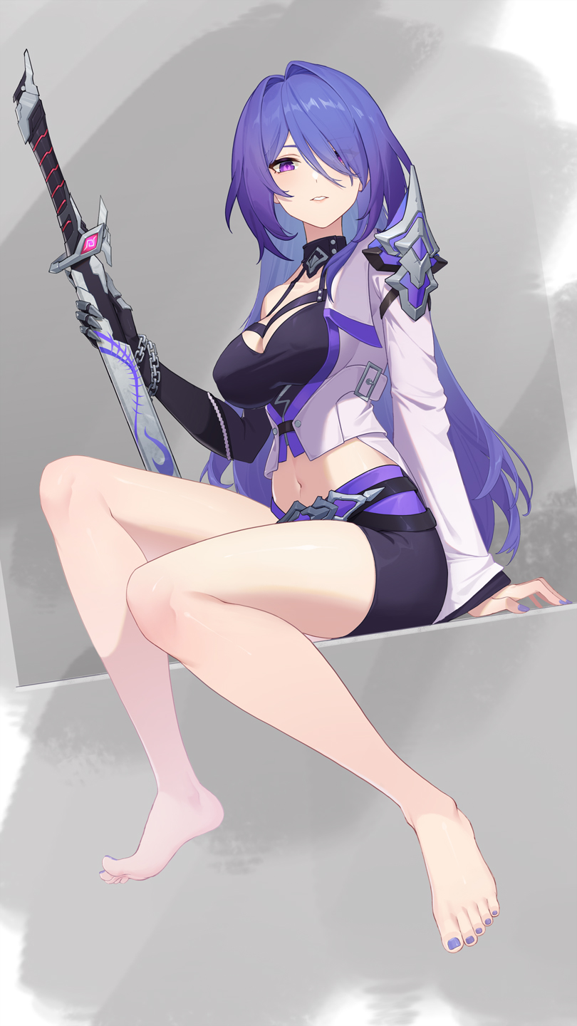 1girl acheron_(honkai:_star_rail) bare_legs barefoot black_shorts breasts cleavage commentary_request crop_top cropped_jacket gangjin hair_intakes hair_over_one_eye highres holding holding_sword holding_weapon honkai:_star_rail honkai_(series) jacket katana long_hair long_sleeves looking_at_viewer medium_breasts midriff navel parted_lips purple_eyes purple_hair scabbard sheath sheathed short_shorts shorts single_bare_shoulder sitting solo sword thighs very_long_hair weapon white_jacket
