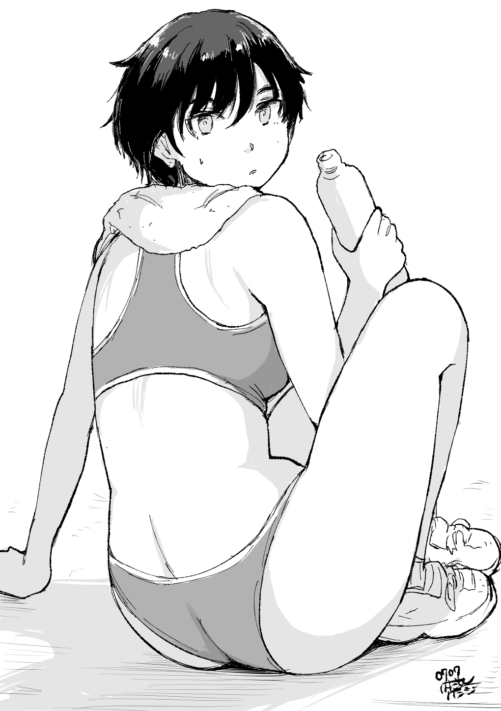 1girl arm_support artist_name ass bottle breasts dated greyscale hadashi_no_kenji hair_between_eyes highres looking_back monochrome original shoes short_hair simple_background sitting small_breasts sneakers solo sports_bra sweat towel water_bottle