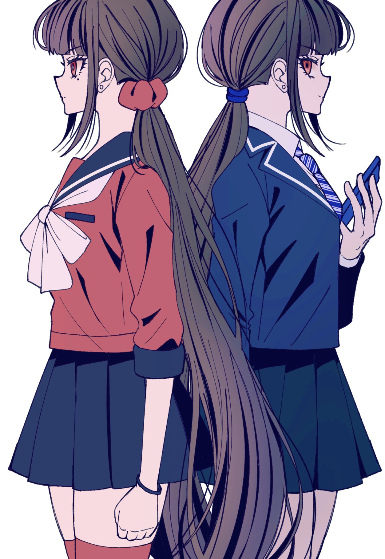 2girls back-to-back blunt_bangs brown_hair danganronpa_(series) danganronpa_v3:_killing_harmony dual_persona hair_ornament hair_scrunchie harukawa_maki highres long_hair long_sleeves low_twintails mole mole_under_eye multiple_girls official_alternate_costume pleated_skirt red_eyes red_scrunchie red_shirt sailor_collar satori_(aosky9077) school_uniform scrunchie shirt skirt twintails