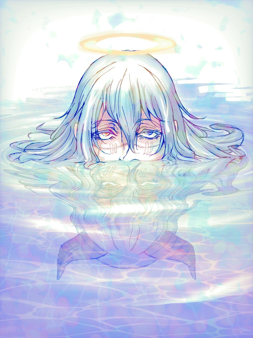 1boy bathing blue_eyes blue_hair covered_mouth demon_horns different_reflection grey_hair hair_between_eyes halo heterochromia highres horns in_water ivii3 jujutsu_kaisen long_hair looking_at_viewer mahito_(jujutsu_kaisen) male_focus reflection reflective_water scar scar_across_eye solo stitched_face stitches yellow_eyes yellow_halo