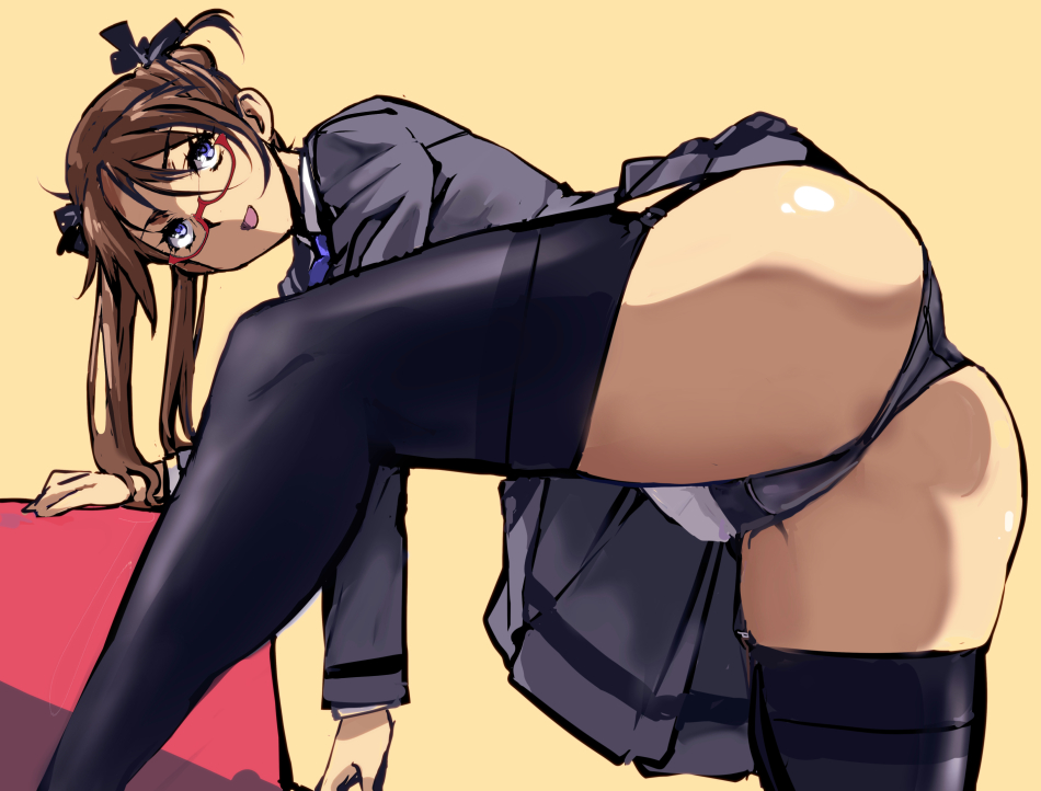 1girl ass black_panties black_ribbon black_thighhighs blue_eyes blue_necktie brown_hair commentary_request glasses grey_skirt gun_girl_(kamisimo_90) hair_ribbon jacket kamisimo_90 leaning_forward long_sleeves looking_at_viewer necktie open_mouth original panties presenting ribbon shirt short_twintails skirt smile spread_legs thighhighs twintails underwear uniform white_shirt