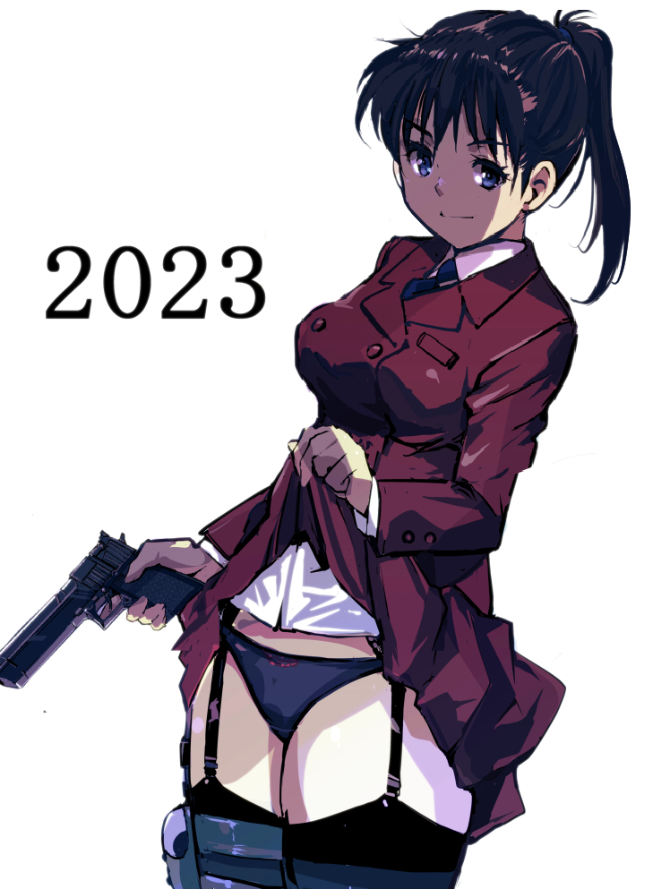 1girl 2023 black_panties black_thighhighs brown_hair clothes_lift commentary_request garter_belt garter_straps gun hair_ornament high_ponytail holding holding_gun holding_weapon holster jacket kamisimo_90 long_sleeves looking_at_viewer original panties pleated_skirt ponytail ponytail_girl_(kamisimo_90) purple_eyes red_jacket red_skirt shirt skirt skirt_lift smile solo standing thigh_holster thighhighs underwear weapon white_background white_shirt