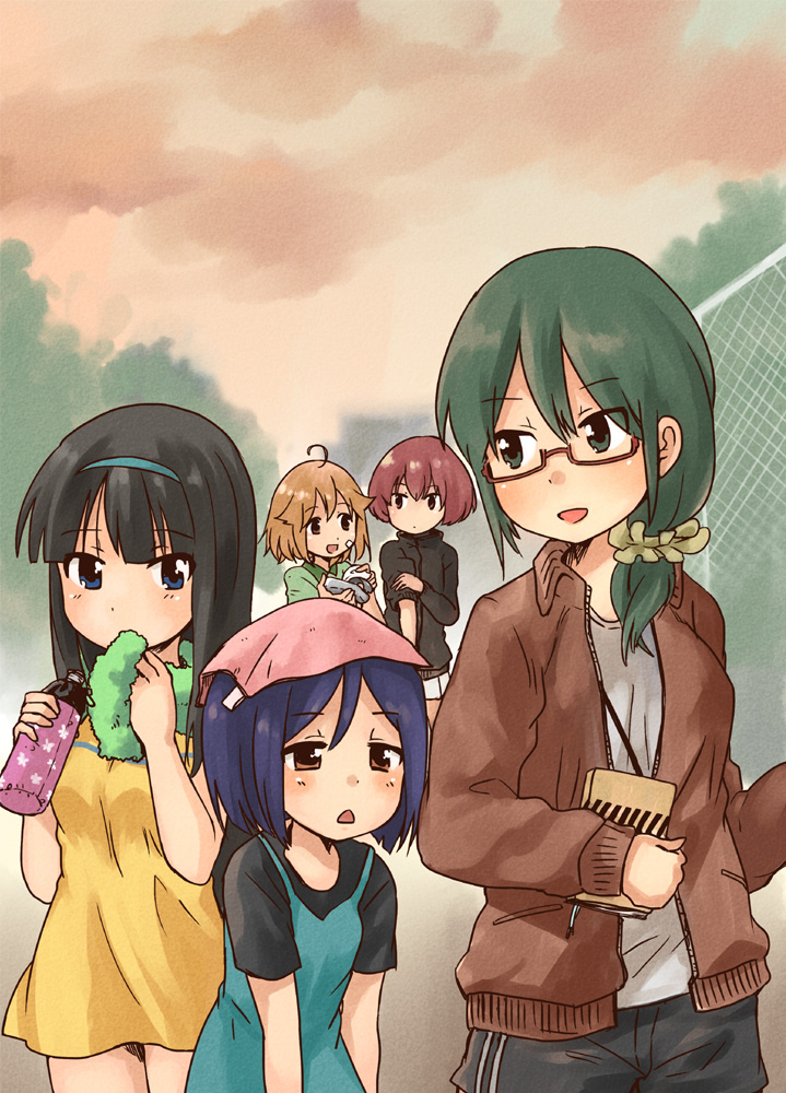 5girls :&lt; :d ahoge aqua_dress black_hair black_jacket black_shirt black_shorts blue_eyes blue_hairband blush bob_cut bottle brown_eyes chain-link_fence cloud cloudy_sky commentary_request covering_own_mouth dot_mouth double_vertical_stripe dress drink dusk fence foliage glasses green_hair green_scrunchie green_shirt hair_between_eyes hairband hand_on_own_arm handkerchief holding holding_bottle holding_drink holding_notebook jacket kirisawa_juuzou light_brown_hair long_hair looking_at_another looking_back low_ponytail multiple_girls nishiaraidaishi_nishi notebook object_on_head official_art open_clothes open_jacket open_mouth orange_sky pinafore_dress pleated_skirt purple_hair rectangular_eyewear red-framed_eyewear red_hair red_jacket satou_kurumi scrunchie semi-rimless_eyewear shibakusa_sora shirt short_hair shorts single_horizontal_stripe skirt sky sleepy sleeveless sleeveless_dress smile suzuki_ayako t-shirt tanaka_kinako towel towel_around_neck track_jacket under-rim_eyewear usakame water_bottle white_shirt white_skirt yellow_dress