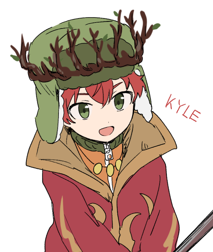 1boy character_name crown fur_hat green_eyes haizai hat jacket jewelry kyle_broflovski male_focus mystical_high_collar necklace open_mouth red_hair robe smile solo south_park south_park:_the_stick_of_truth ushanka