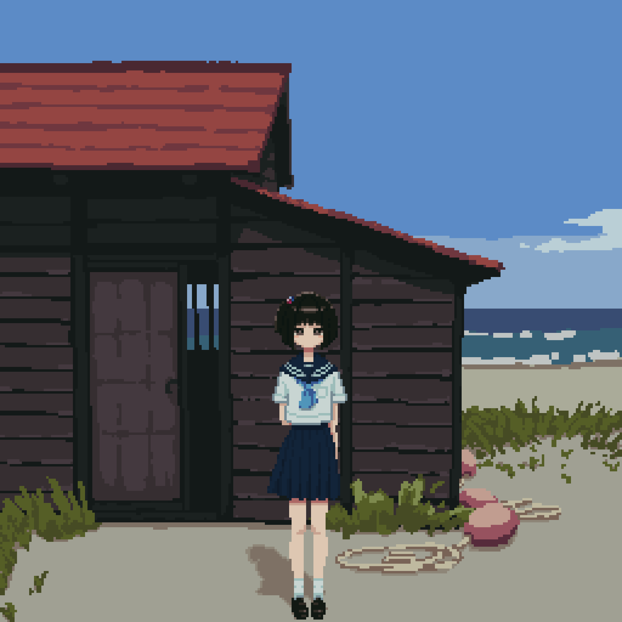 1girl amemori_sayo arm_at_side arm_behind_back beach black_eyes black_footwear black_hair blue_neckerchief blue_sailor_collar blue_skirt blue_sky cabin cloud grass hair_ornament highres horizon legs_apart loafers long_bangs looking_at_viewer miniskirt neckerchief nijisanji nkymyura ocean open_door pixel_art pleated_skirt sailor_collar school_uniform serafuku shirt shoes short_hair skirt sky socks solo straight-on virtual_youtuber white_shirt white_socks wide_shot