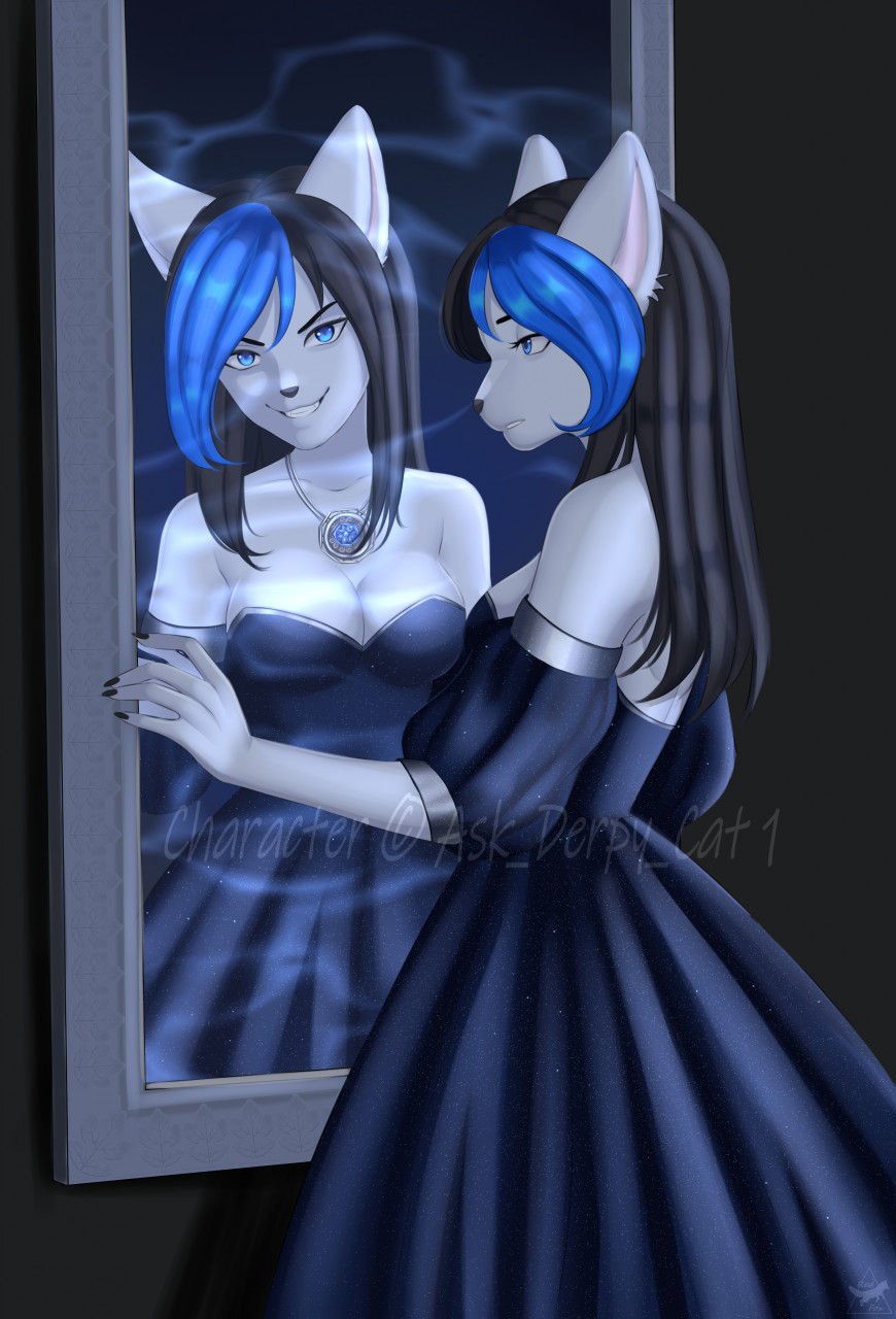 altered_reflection anthro black_hair blue_clothing blue_dress blue_eyes blue_hair breasts claws cleavage clothed clothing dawn_(ask_derpy_cat1) domestic_cat dress felid feline felis female grin grinning_at_viewer hair hi_res jewelry magic mammal mirror nebelung necklace reflection smile solo the_furry_tail_of_your_soul