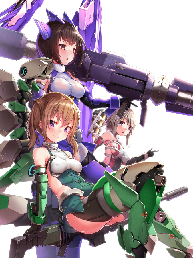 alice_gear_aegis bare_shoulders black_thighhighs blush breasts brown_eyes brown_hair cannon cleavage clothing_cutout covered_collarbone covered_nipples doyouwantto elbow_gloves gloves grey_hair gun headgear holding holding_gun holding_weapon huge_weapon kimikage_yui large_breasts looking_at_viewer mecha_musume mechanical_legs medium_breasts medium_hair murao_mira open_mouth purple_eyes rifle science_fiction short_hair side_cutout simple_background smile standing suga_itsuri thighhighs thighs twintails weapon white_background