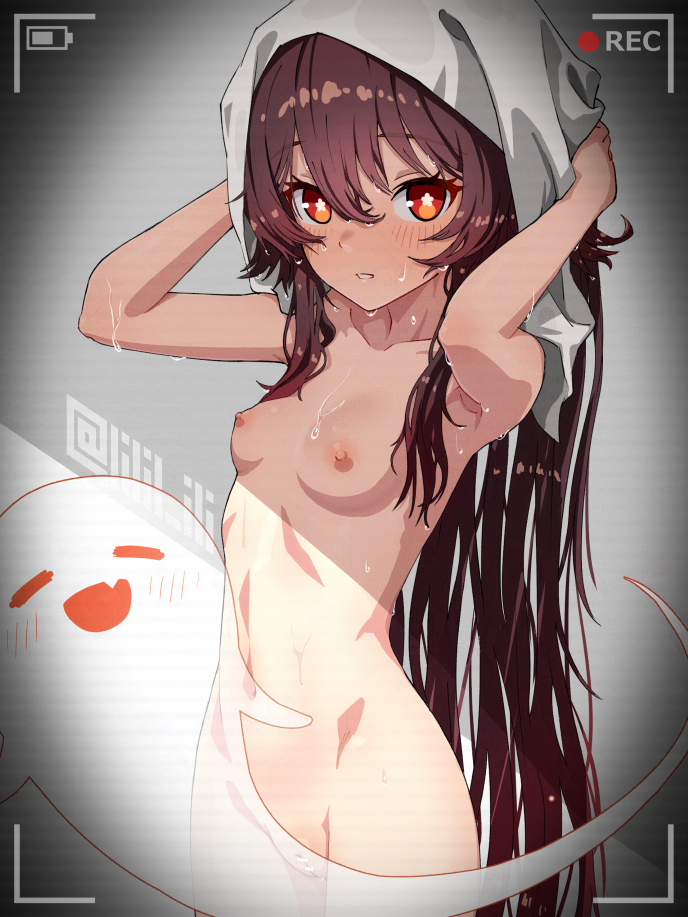 1girl after_bathing breasts brown_eyes brown_hair censored drying drying_hair genshin_impact ghost hu_tao_(genshin_impact) long_hair looking_at_viewer medium_breasts pussy recording special_cat tower voyeurism