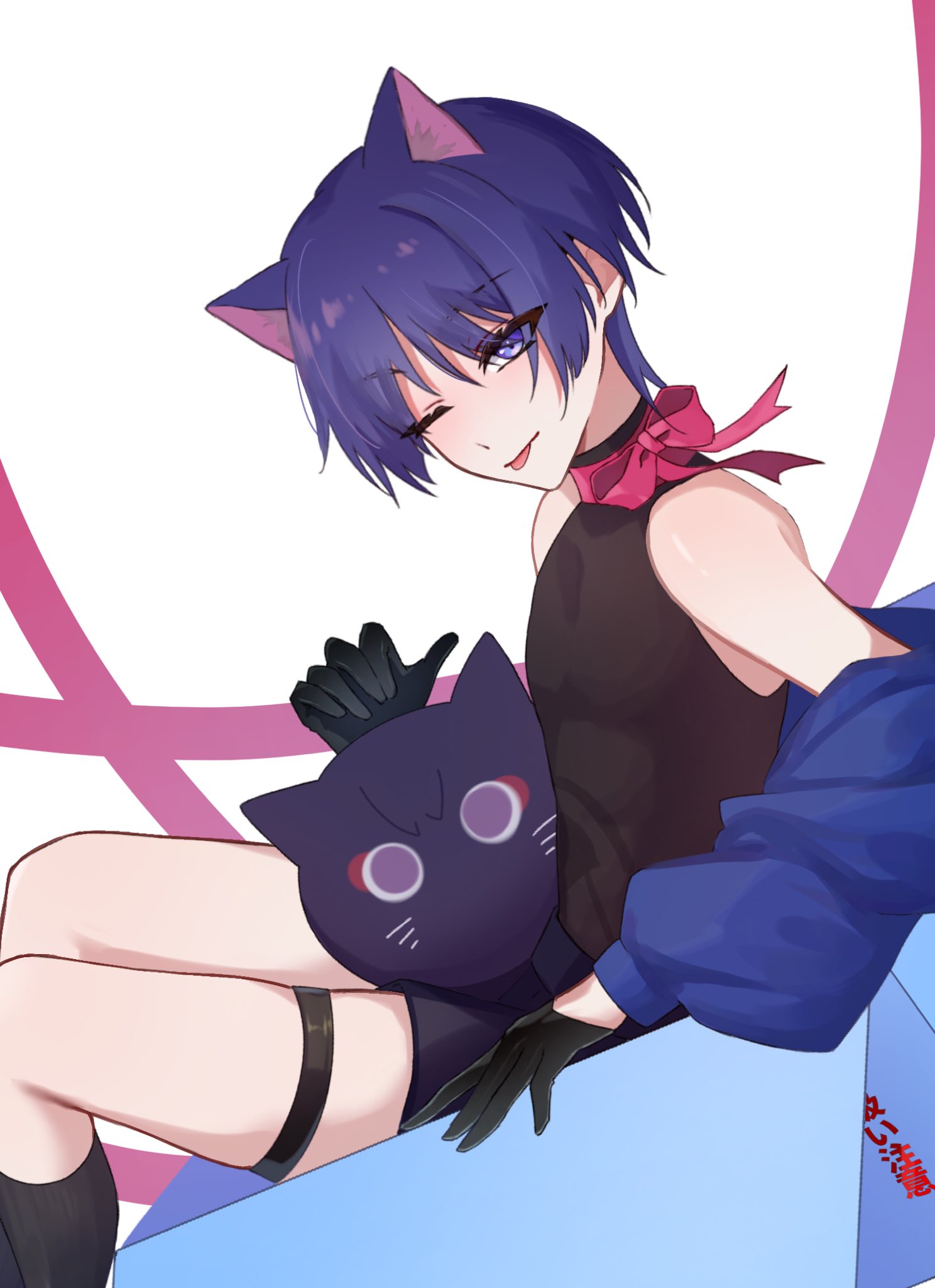 1boy alternate_costume androgynous animal_ears black_gloves black_shirt black_socks blue_jacket bow cat_boy cat_ears chobonu feet_out_of_frame genshin_impact gloves hand_up highres jacket long_sleeves male_focus off_shoulder one_eye_closed open_clothes open_jacket pink_bow purple_hair scaramouche_(genshin_impact) shirt short_shorts shorts sidelocks sitting skindentation sleeveless sleeveless_shirt socks stuffed_animal stuffed_cat stuffed_toy thigh_strap thighs tongue tongue_out wanderer_(genshin_impact) white_background