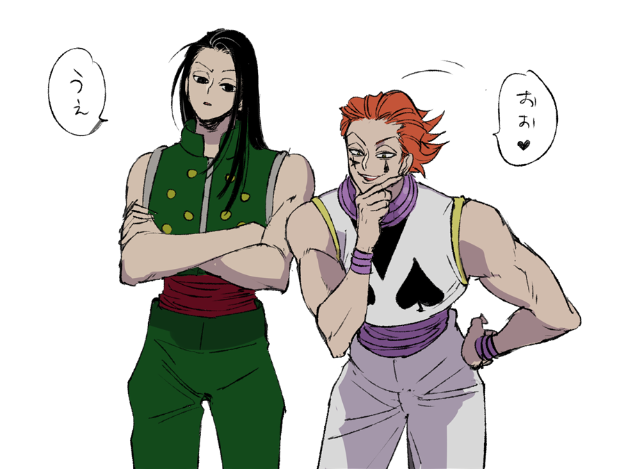 2boys bare_shoulders black_hair cowboy_shot crossed_arms facial_tattoo green_pants green_vest hand_on_own_chin hand_on_own_hip head_tilt hisoka_morow hunter_x_hunter illumi_zoldyck leaning_forward light_frown long_hair looking_down male_focus mojisan_(ebimo) multiple_boys pants parted_lips red_hair shirt short_hair simple_background smirk tattoo teeth toned toned_male upper_teeth_only vest white_background white_pants white_shirt