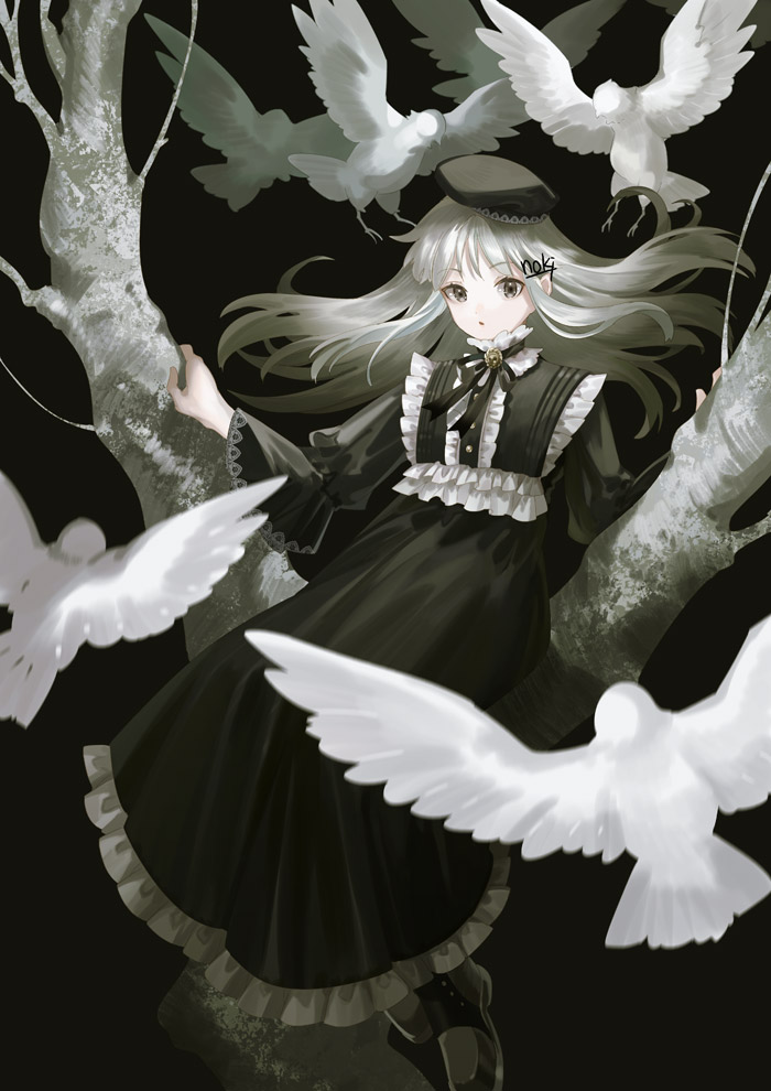 1girl bird black_background black_dress black_eyes black_hat branch commentary dove dress eyelashes frilled_dress frills full_body grey_hair in_tree long_dress long_hair looking_at_viewer noki_(affabile) open_mouth original pale_skin signature sitting sitting_in_tree solo tree white_bird