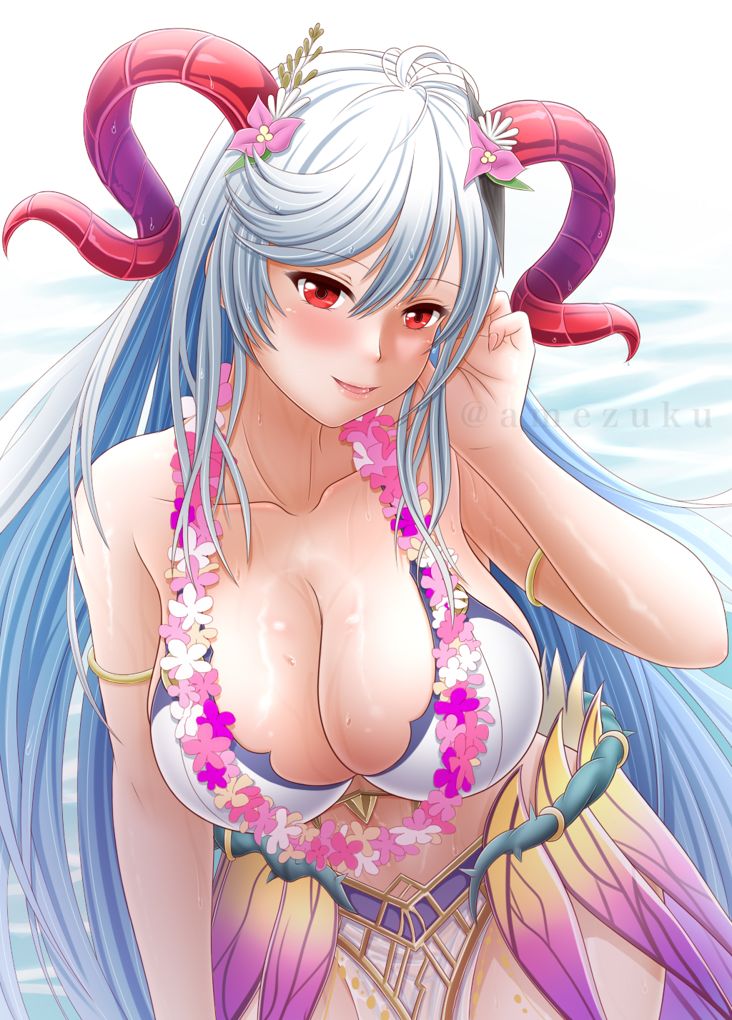 1girl amezuku armlet bare_shoulders bikini blush breasts cleavage collarbone fire_emblem fire_emblem_heroes flower flower_necklace freyja_(fire_emblem) freyja_(summer)_(fire_emblem) goat_horns grey_hair hair_between_eyes hair_flower hair_ornament highres horns large_breasts lei long_hair looking_at_viewer ocean official_alternate_costume red_eyes smile solo swimsuit twitter_username upper_body very_long_hair