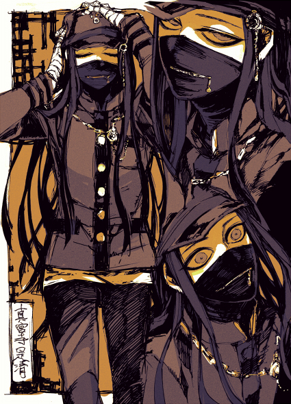 1boy bandaged_hand bandages breast_pocket buttons chain character_name closed_eyes covered_mouth danganronpa_(series) danganronpa_v3:_killing_harmony gakuran hair_over_shoulder hands_on_own_head hat jacket limited_palette long_hair looking_at_viewer male_focus mankintan mask mouth_mask multiple_views orange_background pocket sanpaku school_uniform shinguji_korekiyo sidelocks sketch standing striped_clothes striped_jacket wide-eyed