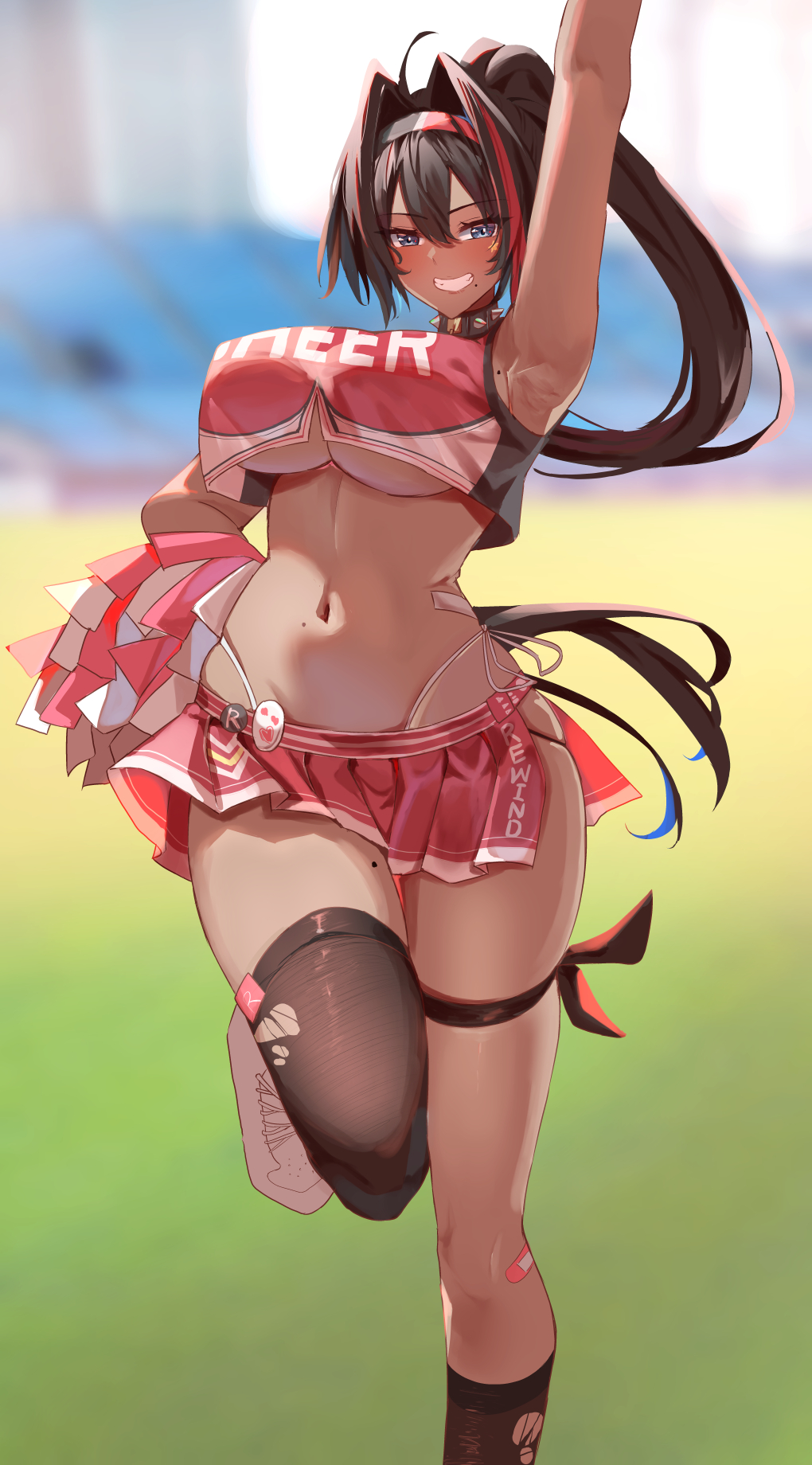 1girl armpits bare_shoulders bay_(nikke) breasts cheerleader commentary_request day fangs goddess_of_victory:_nikke grin groin hair_between_eyes highres large_breasts looking_at_viewer momdy_(talesshinja) navel outdoors partial_commentary sidelocks skindentation smile solo standing standing_on_one_leg stomach teeth underboob