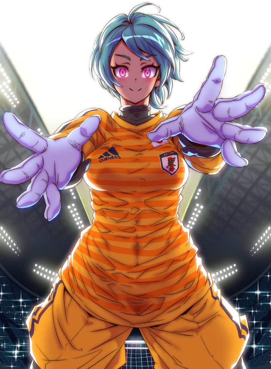 1girl adidas ahoge character_request goalkeeper highres jazz_kawa_sodom jikkyou_powerful_soccer orange_pants orange_shirt pants shirt solo sportswear stadium turtleneck