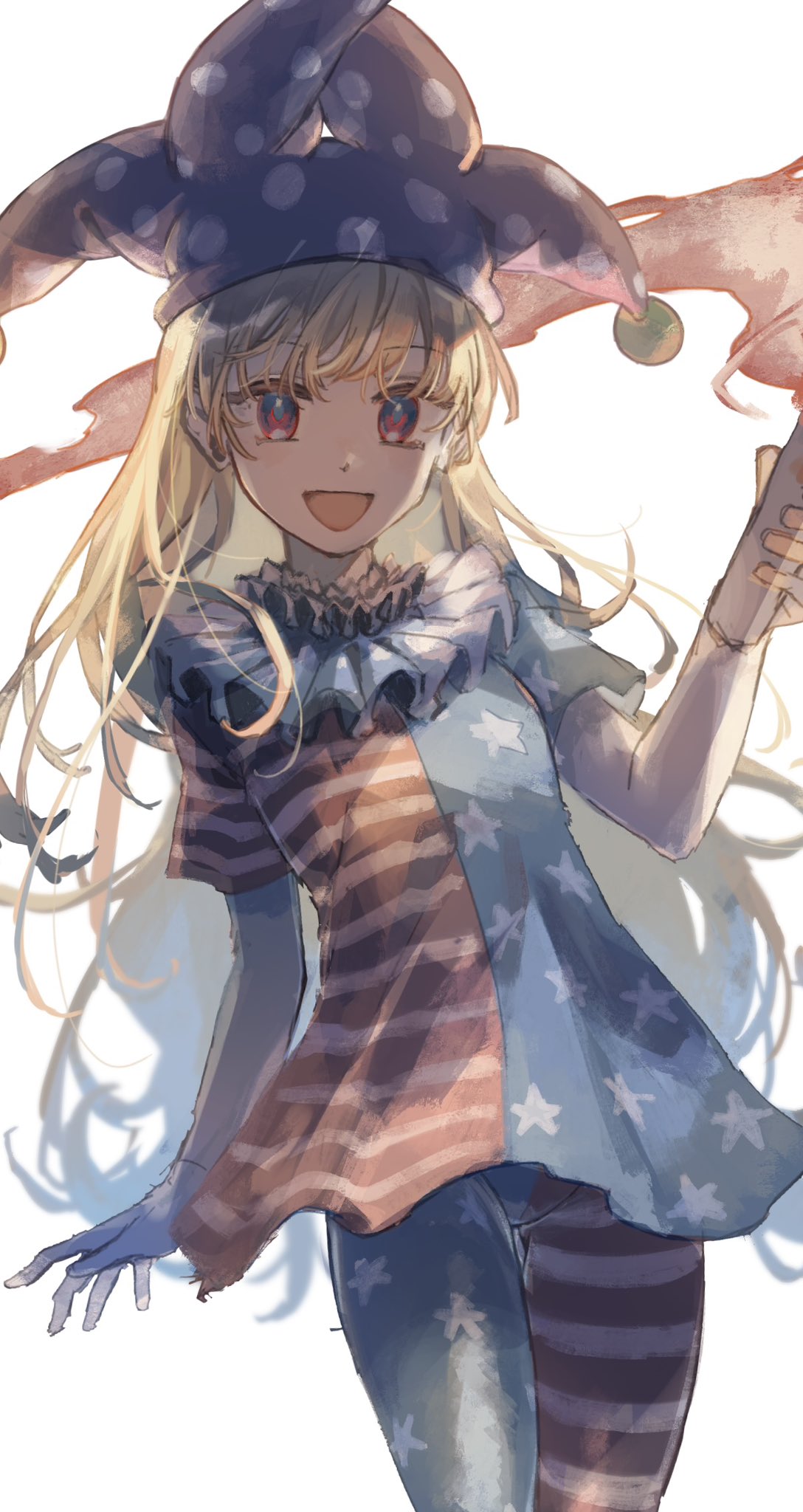 1girl :d american_flag_dress american_flag_legwear arm_behind_back blonde_hair breasts clownpiece commentary dress fairy full_body highres long_hair looking_at_viewer oeillet_vie open_mouth pantyhose pink_eyes polka_dot_headwear shaded_face short_sleeves smile solo star_(symbol) star_print striped_clothes striped_dress thigh_gap touhou