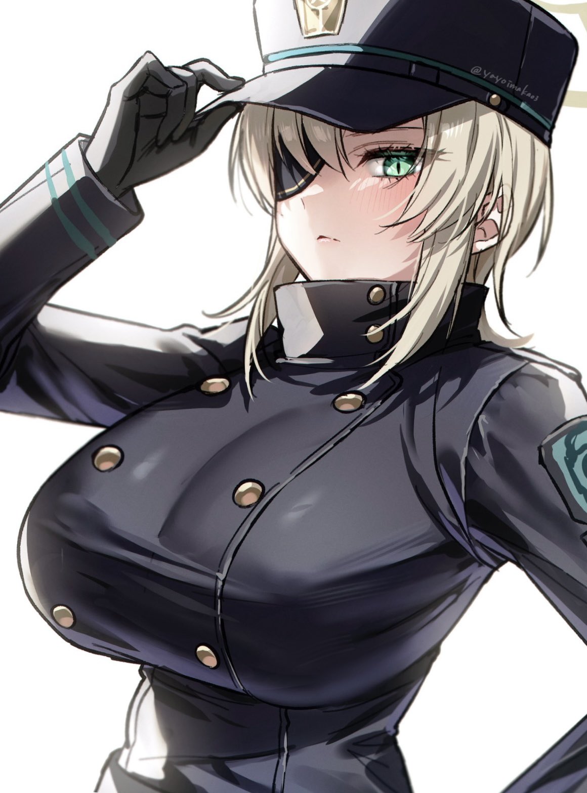 1girl adjusting_clothes adjusting_headwear black_gloves blonde_hair blue_archive breasts buttons double-breasted eyepatch gloves green_eyes halo high_collar highres huge_breasts suou_(blue_archive) twitter_username visor_cap white_background yayoi_maka yellow_halo