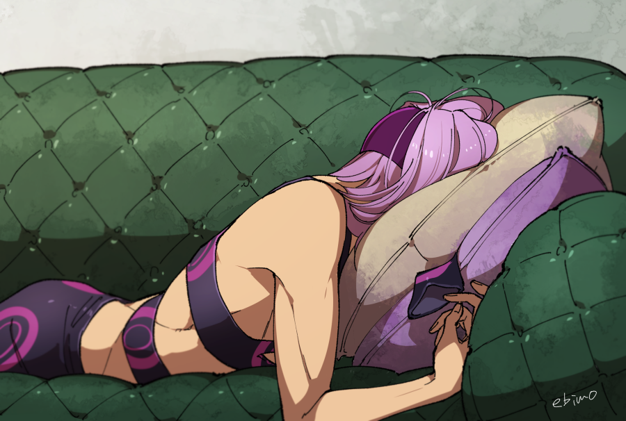 1boy couch cushion head_rest jojo_no_kimyou_na_bouken lying male_focus medium_hair melone mojisan_(ebimo) on_couch on_stomach purple_hair signature single_bare_shoulder sleeping solo upper_body