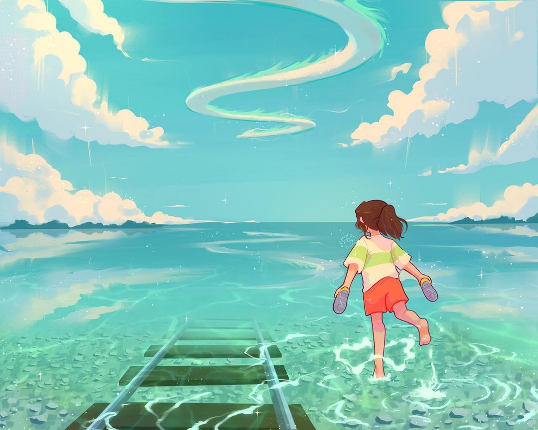 1girl alternate_form back brown_hair cloud dragon english_commentary erimel.art full_body haku_(sen_to_chihiro_no_kamikakushi) holding holding_shoes ocean ogino_chihiro orange_shorts ponytail railroad_tracks reflection running sen_to_chihiro_no_kamikakushi shoes shorts sky wading watermark