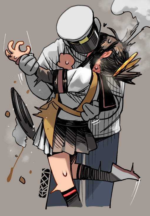 1boy 1girl admiral_(kancolle) apron arm_grab black_sailor_collar black_shirt black_skirt black_socks blush brown_hair commentary_request cropped_legs curry denim ergot feet_out_of_frame food fubuki_(kancolle) fubuki_kai_ni_(kancolle) full-face_blush grey_background grey_footwear hair_ribbon jeans jewelry kantai_collection kiss kneehighs layered_sleeves long_sleeves low_ponytail medium_hair military_uniform motion_lines official_alternate_costume pants plate pleated_skirt ribbon rice ring sailor_collar school_uniform serafuku shirt short_over_long_sleeves short_sleeves sidelocks signature simple_background skirt socks spill steam uniform white_shirt yellow_apron yellow_ribbon