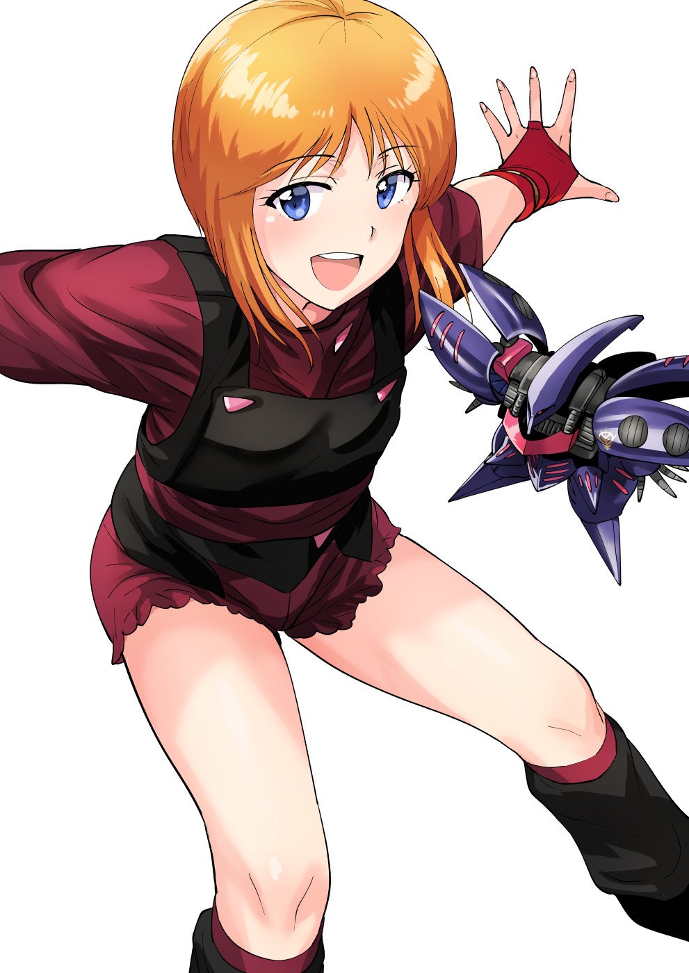 1girl blue_eyes closed_mouth elpeo_puru gloves gundam gundam_zz highres looking_at_viewer open_mouth orange_hair short_hair simple_background smile solo standing tsurui