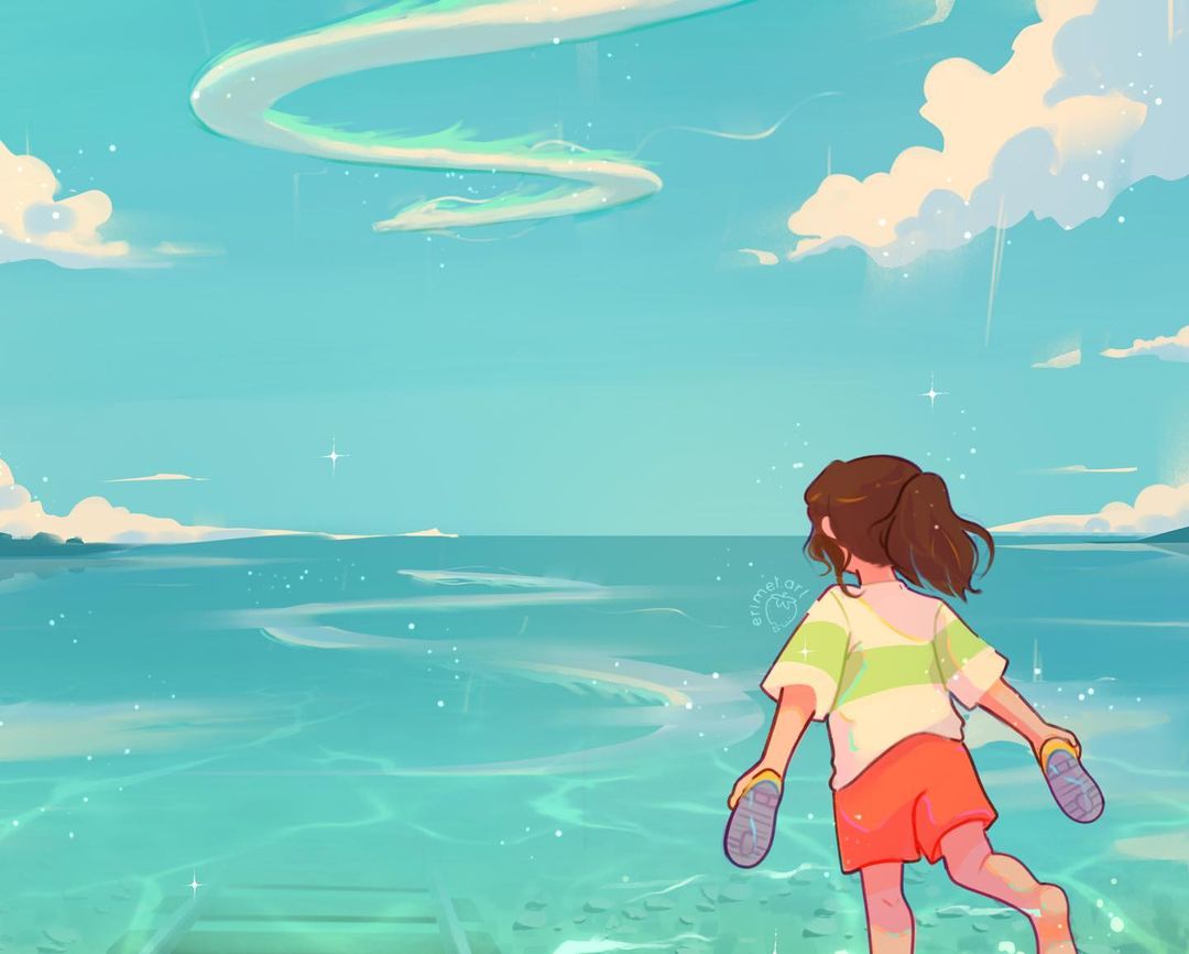 1girl alternate_form back brown_hair cloud commentary dragon english_commentary erimel.art green_shirt haku_(sen_to_chihiro_no_kamikakushi) holding holding_shoes ocean ogino_chihiro orange_shorts ponytail railroad_tracks reflection running sen_to_chihiro_no_kamikakushi shirt shoes short_sleeves shorts sky t-shirt watermark