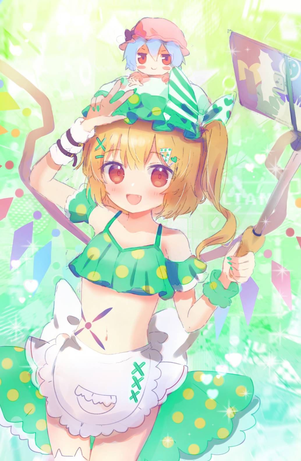 1girl :d bikini blonde_hair blush character_doll commentary_request fingernails flandre_scarlet flat_chest green_bikini green_hat green_nails green_skirt hat hat_ribbon highres internet_survivor medium_hair midriff nail_polish navel nene_man open_mouth red_eyes remilia_scarlet ribbon side_ponytail single_thighhigh skirt smile stomach stuffed_toy swimsuit thighhighs touhou white_thighhighs