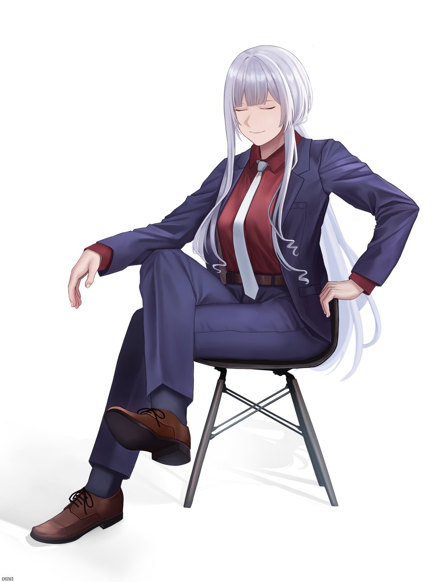 1girl ak-12_(girls'_frontline) ak-12_(lucia)_(girls'_frontline) black_jacket black_pants brown_footwear business_suit chair closed_eyes closed_mouth cozie178 crossed_legs full_body girls'_frontline highres jacket long_hair necktie official_alternate_costume pants ponytail red_shirt shirt shoes sidelocks simple_background sitting smile solo suit white_background white_hair white_necktie