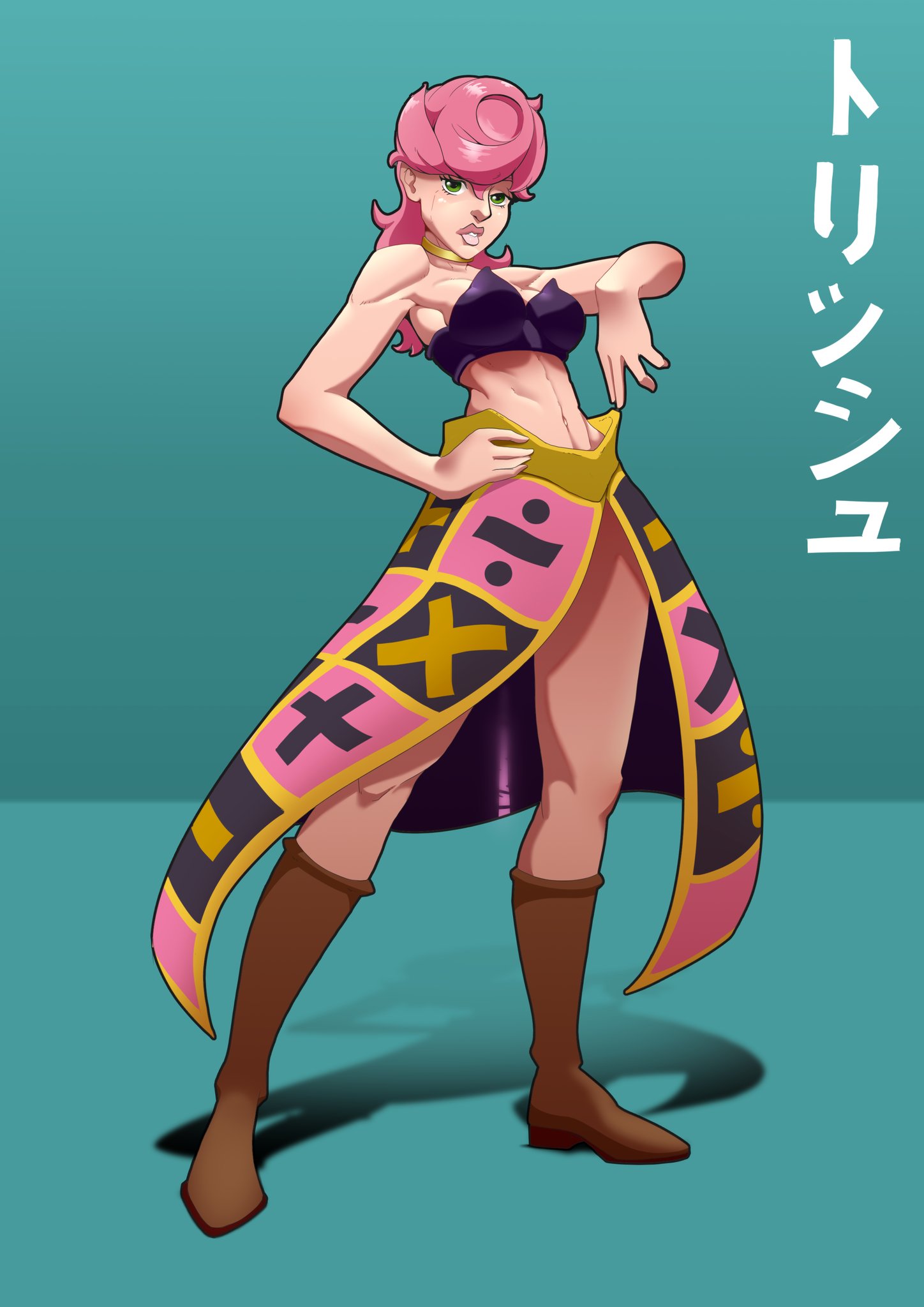 1girl arm_up black_bra blue_background boots bra brown_footwear english_commentary front_slit green_eyes hand_on_own_hip highres jewelry jojo_no_kimyou_na_bouken looking_at_viewer math necklace pink_hair pompadour shadow skirt solo trish_una underwear viper_1390
