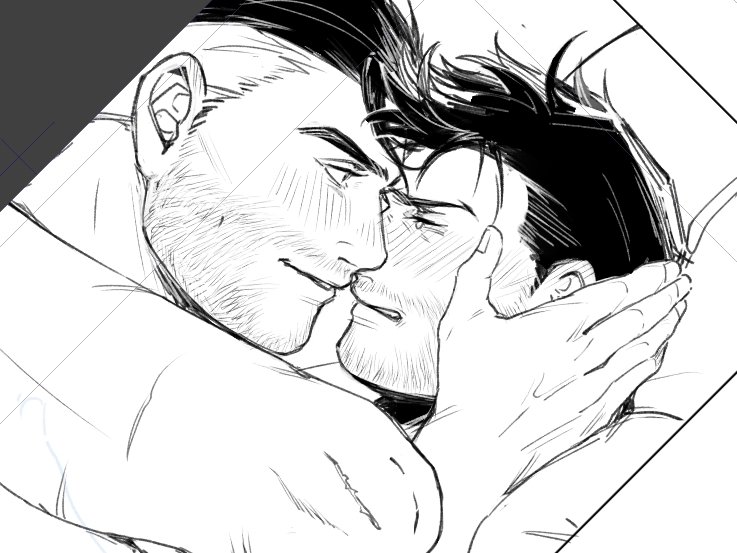 2boys bara beard_stubble blush bruce_wayne clark_kent couple dc_comics dutch_angle face-to-face facial_hair foreplay from_side greyscale male_focus mature_male monochrome multiple_boys mustache_stubble profile stubble tearing_up thick_eyebrows unfinished whoshibai_xianggua yaoi