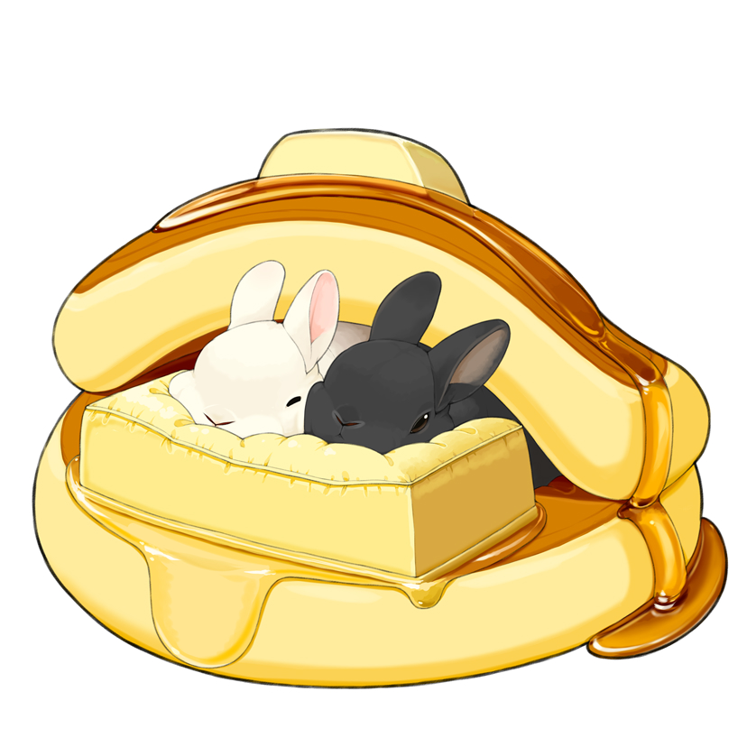 animal animal_focus black_eyes black_rabbit_(animal) butter commentary_request cushion food food_focus lilac_(p-f_easy) lying no_humans on_food on_stomach original pancake rabbit simple_background syrup white_background white_rabbit_(alice_in_wonderland)