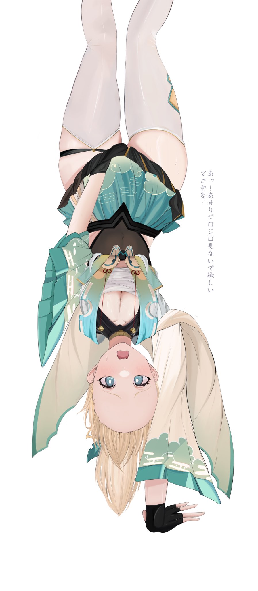 1girl aqua_eyes blonde_hair blue_eyes blush breasts gloves h0tarukaki handstand highres hololive holox japanese_clothes kazama_iroha kazama_iroha_(1st_costume) meme open_mouth ponytail skirt solo virtual_youtuber yellow_haori