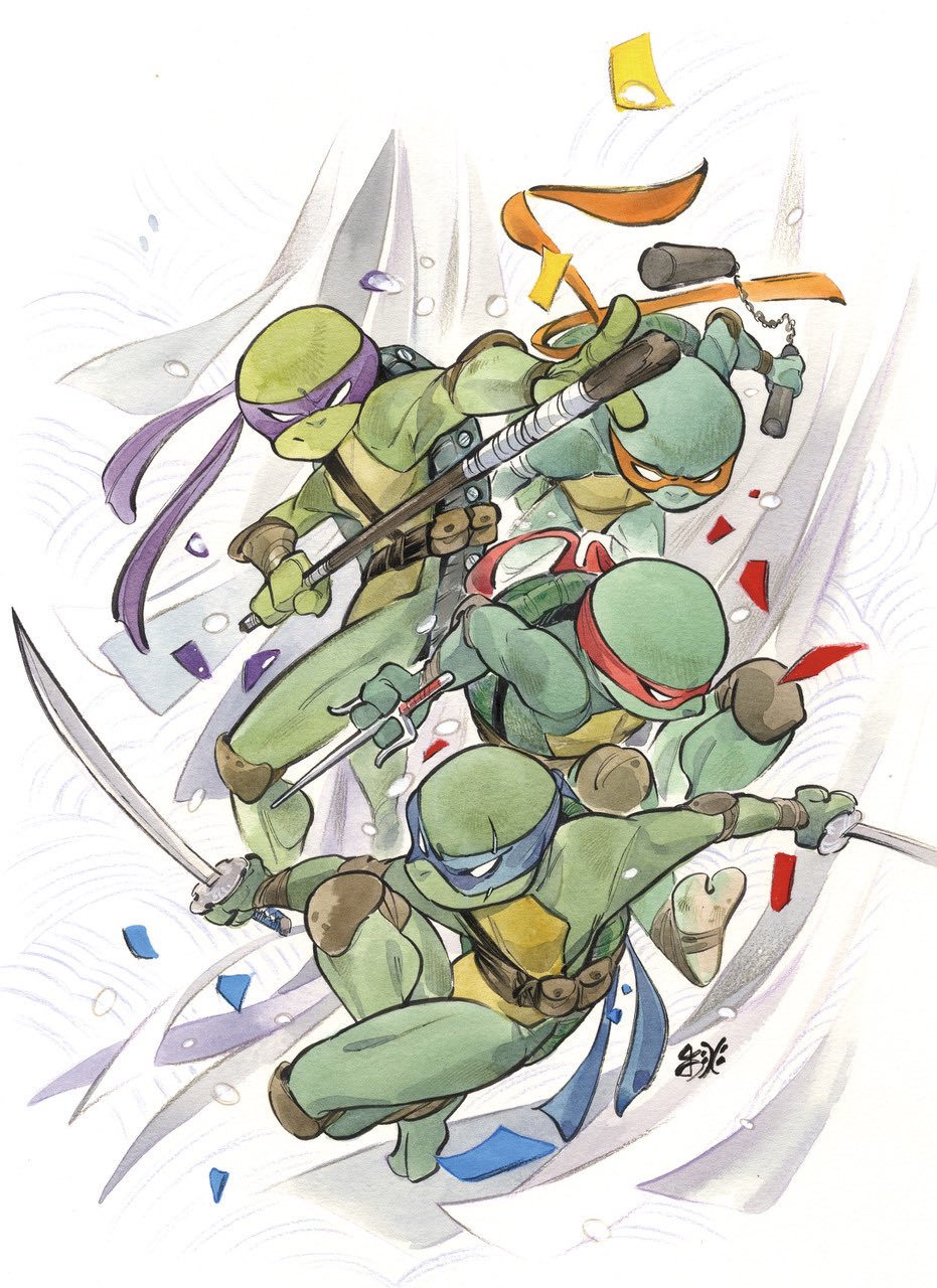 4boys artist_name closed_mouth commentary_request donatello_(tmnt) full_body highres holding holding_nunchaku holding_sword holding_weapon katana leonardo_(tmnt) male_focus mask michelangelo_(tmnt) multiple_boys ninja no_humans nunchaku peach_momoko raphael_(tmnt) sai_(weapon) scales simple_background staff sword teenage_mutant_ninja_turtles turtle_boy weapon western_comics_(style) white_background